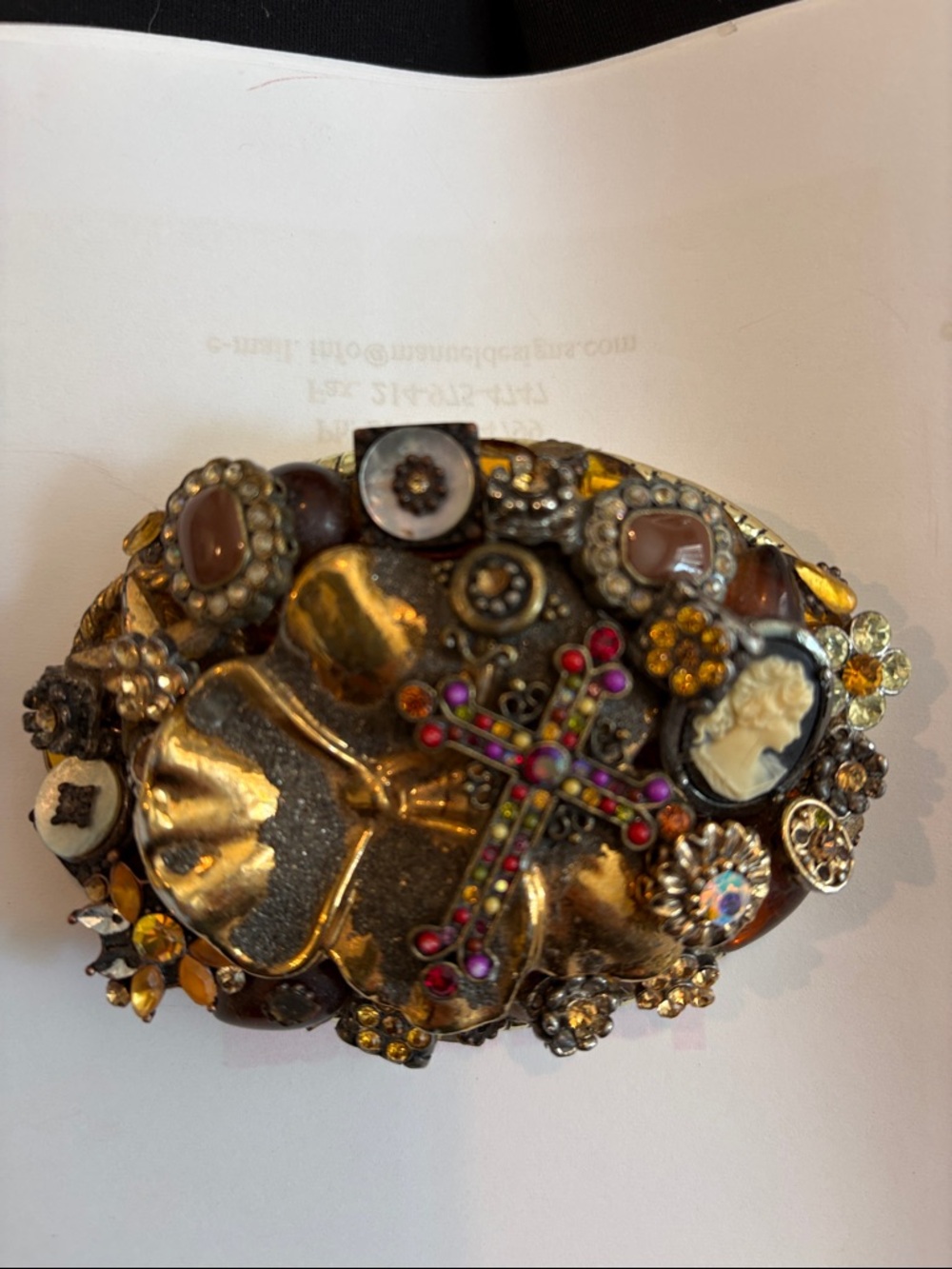 Vintage Gold-Tone Mixed Stone Cross Belt Buckle with Pink and Amber Accents